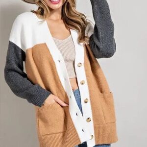 Colorblock Cardigan Sweater - White, Gray, and Tan